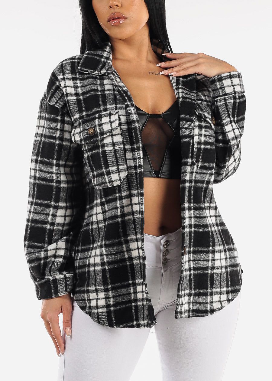 Button Up Plaid Shacket Black & White sold by Moda product image thumbnail 3