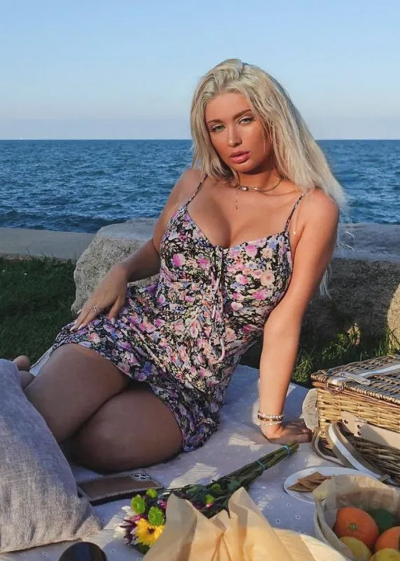 Sleeveless Floral Ruched Smocking Mini Dress Black w Open Back sold by Moda