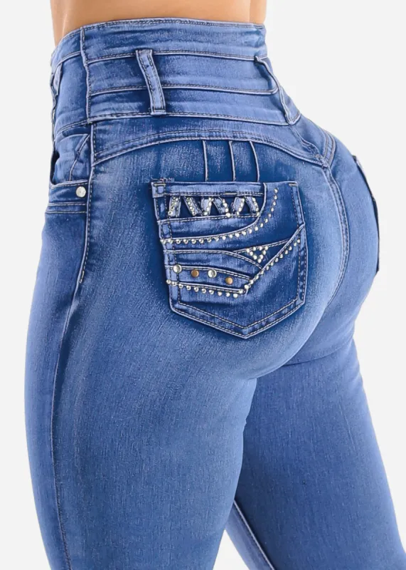 Super High Waist Butt Lift Skinny Jeans Light Sand Wash sold by Moda