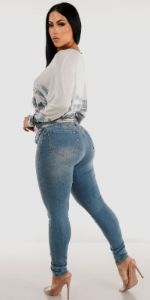 Super High Rise Butt Lifting Blue Skinny Jeans with Ivory Long Sleeve Printed Tunic Top sold by Moda