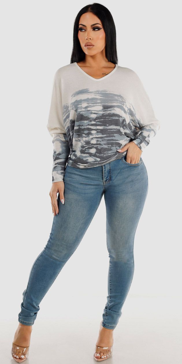 Super High Rise Butt Lifting Blue Skinny Jeans with Ivory Long Sleeve Printed Tunic Top sold by Moda