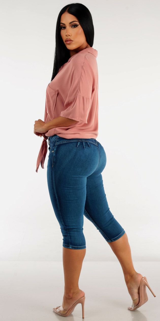 Super High Waist Blue Butt Lifting Denim Capris with Mauve Button Up Tunic Shirt sold by Moda product image thumbnail 2