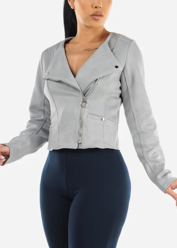 Zip Up Suede Cropped Moto Jacket Ice Blue sold by Moda