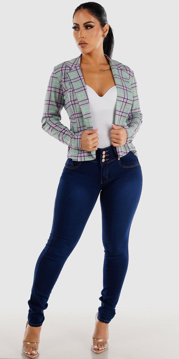 Mid Rise Butt Lifting Dark Wash Skinny Jeans White Seamless Bodysuit and Long Sleeve Plaid Blazer sold by Moda