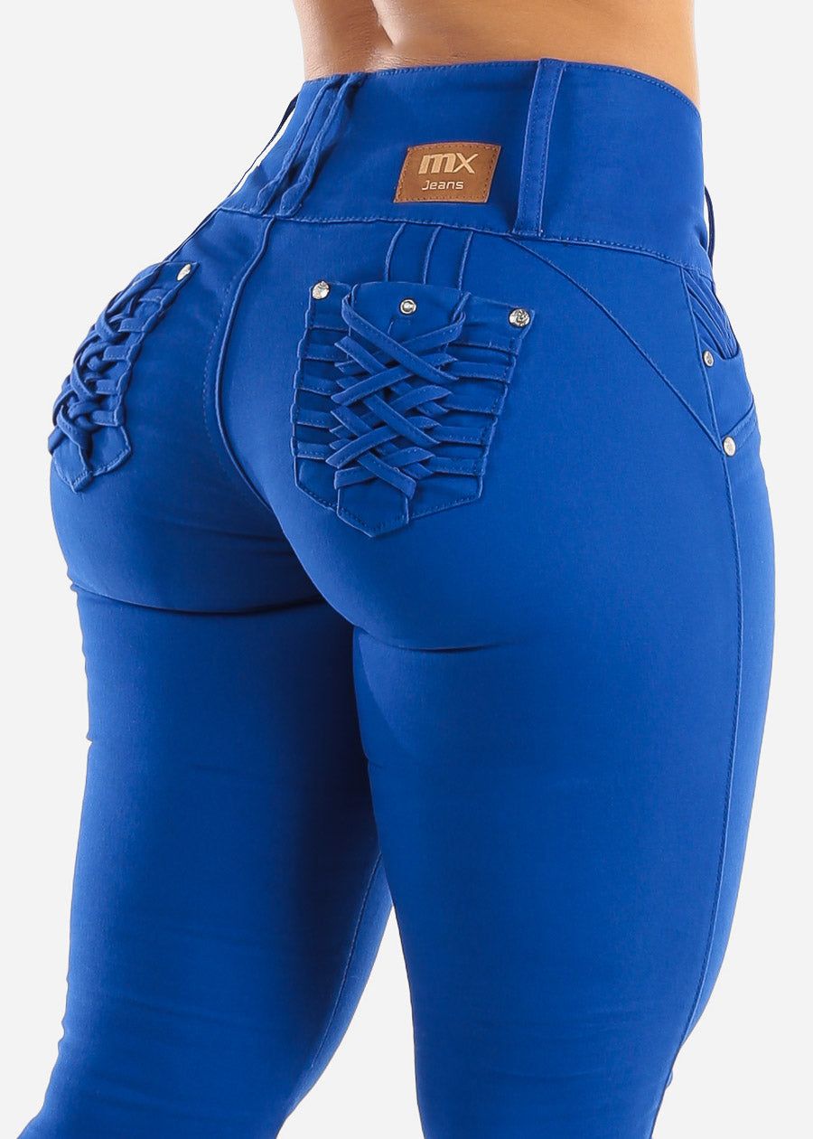 MX JEANS Butt Lifting Levanta Cola Royal Blue Skinny Jeans sold by Moda