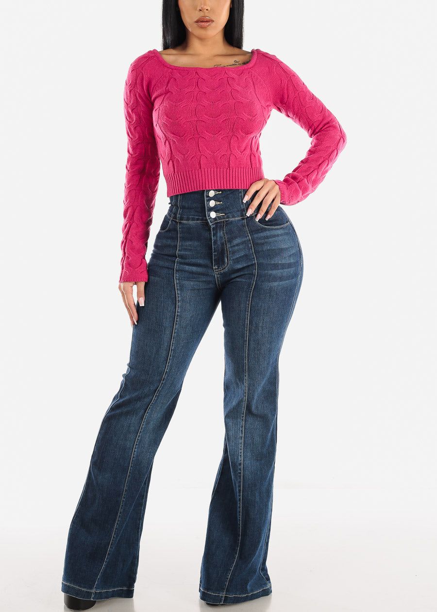 Cropped Cable Knit Boat Neck Sweater Fuchsia sold by Moda product image thumbnail 2