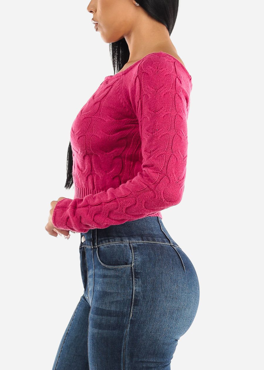Cropped Cable Knit Boat Neck Sweater Fuchsia sold by Moda product image thumbnail 3