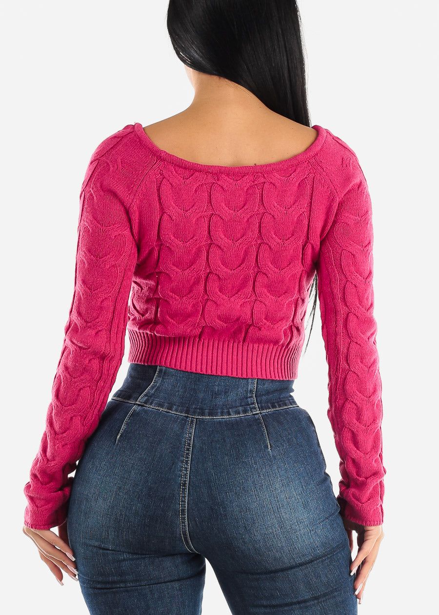 Cropped Cable Knit Boat Neck Sweater Fuchsia sold by Moda product image thumbnail 4