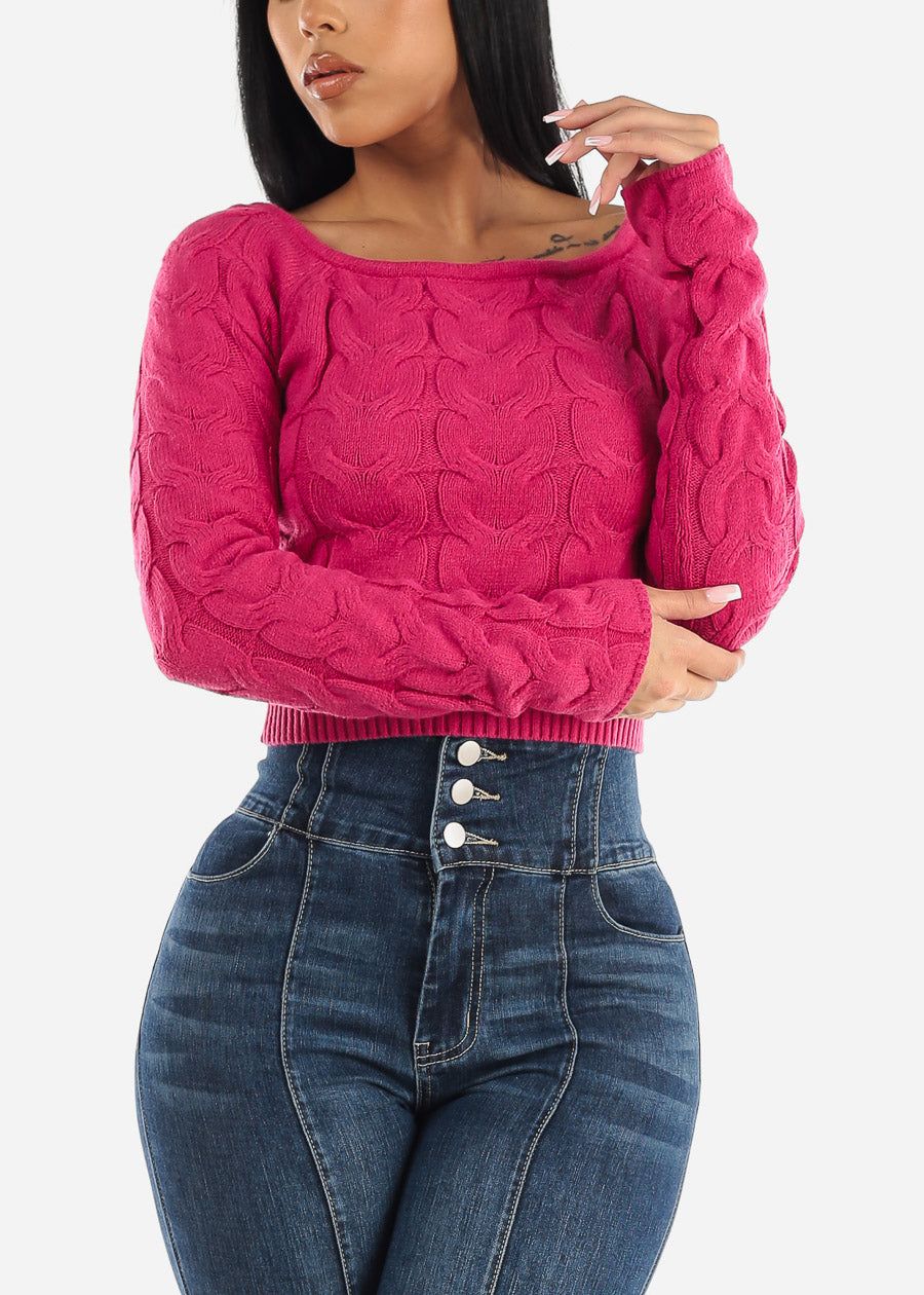Cropped Cable Knit Boat Neck Sweater Fuchsia sold by Moda