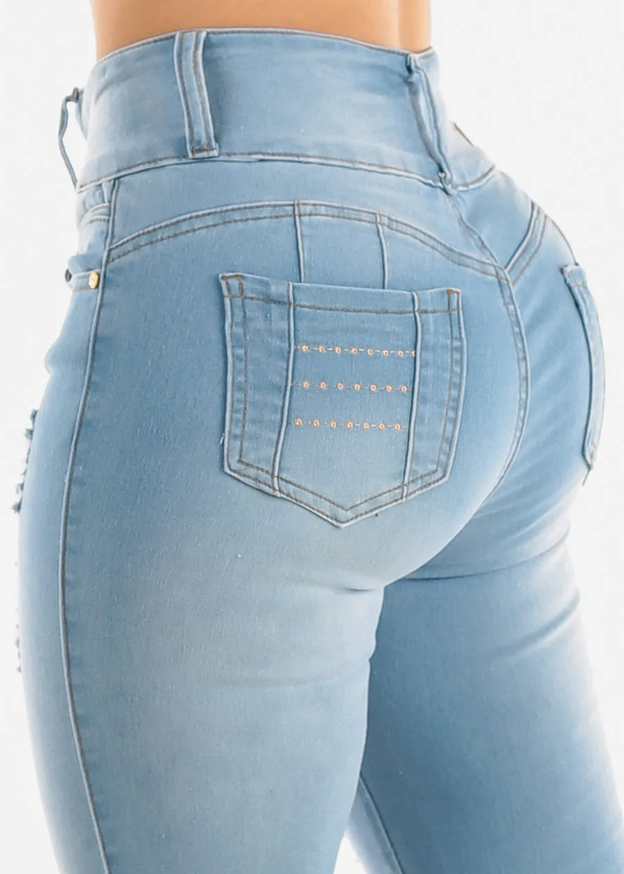 Light Wash Distressed Butt Lift Levantacola Skinny Jeans sold by Moda