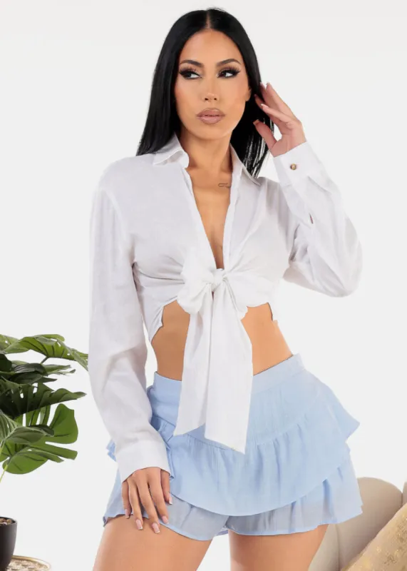 Linen Long Sleeve Front Tie White Crop Top sold by Moda