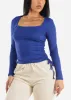 Square Neck Long Sleeve Ribbed Top Blue w Adjustable Drawstring Sides sold by Moda