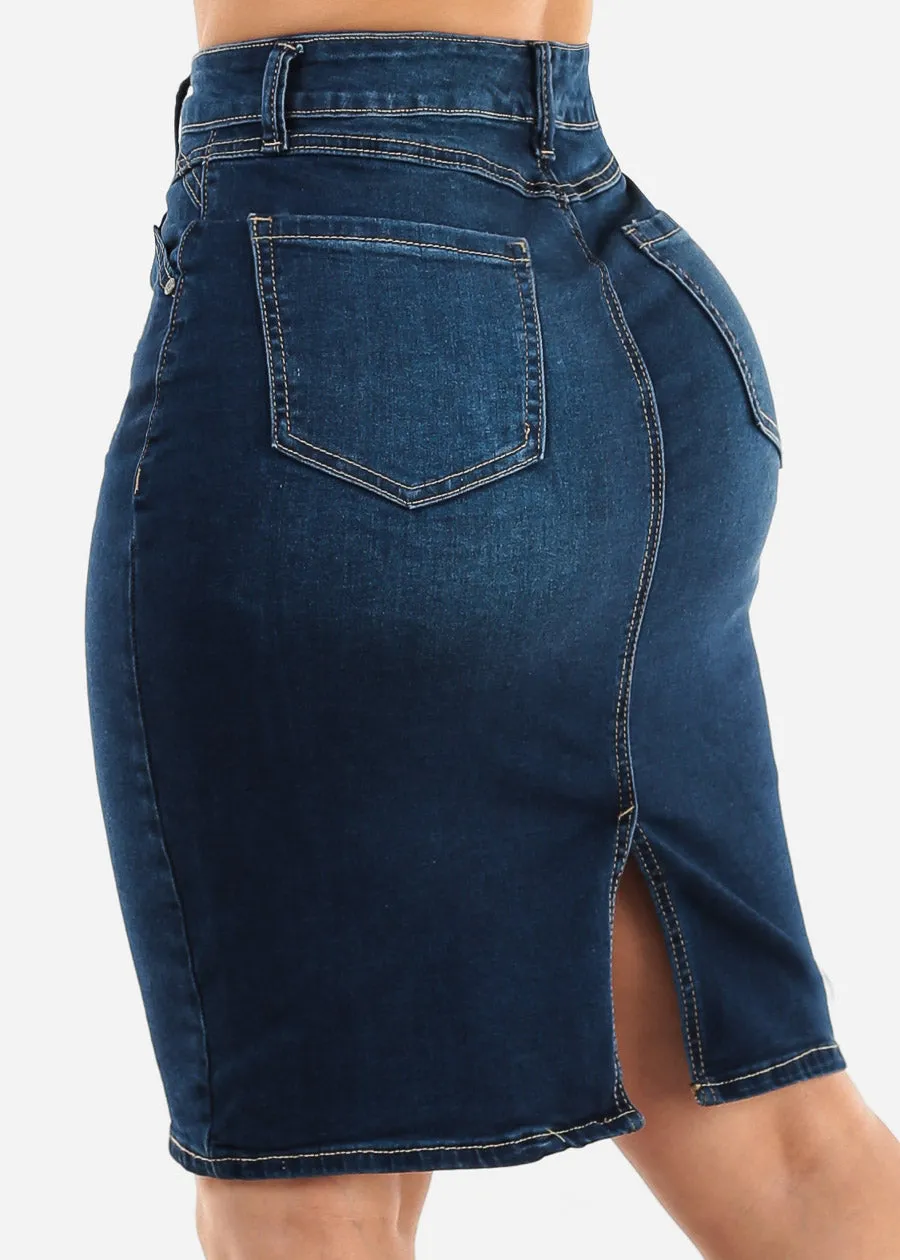 Classic 1 Button High Waist Denim Pencil Skirt Dark Blue sold by Moda product image thumbnail 4