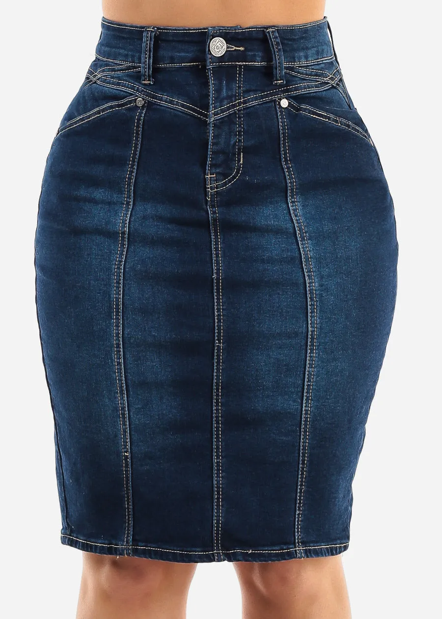 Classic 1 Button High Waist Denim Pencil Skirt Dark Blue sold by Moda