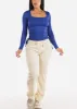 Square Neck Long Sleeve Ribbed Top Blue w Adjustable Drawstring Sides sold by Moda