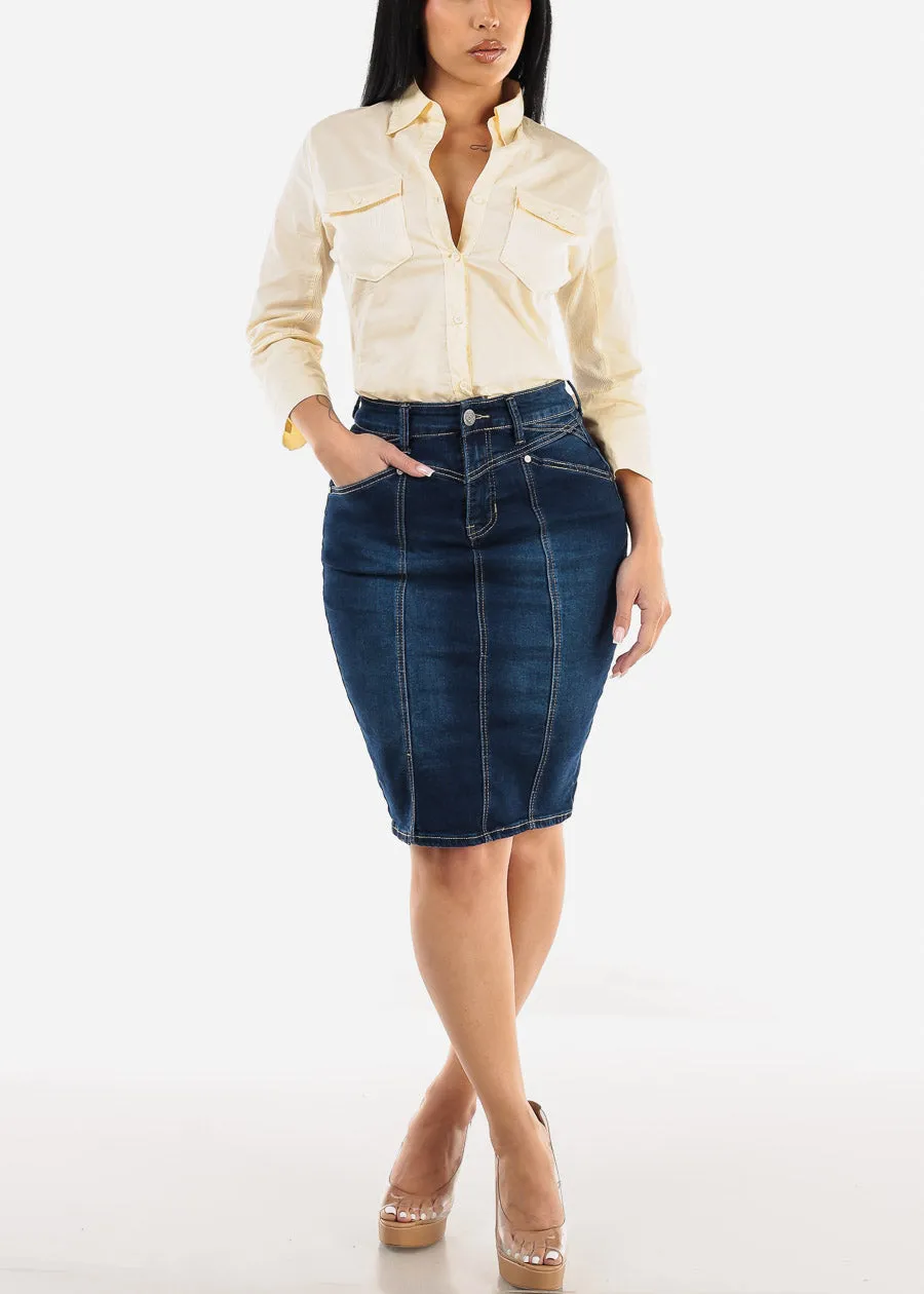 Classic 1 Button High Waist Denim Pencil Skirt Dark Blue sold by Moda product image thumbnail 2