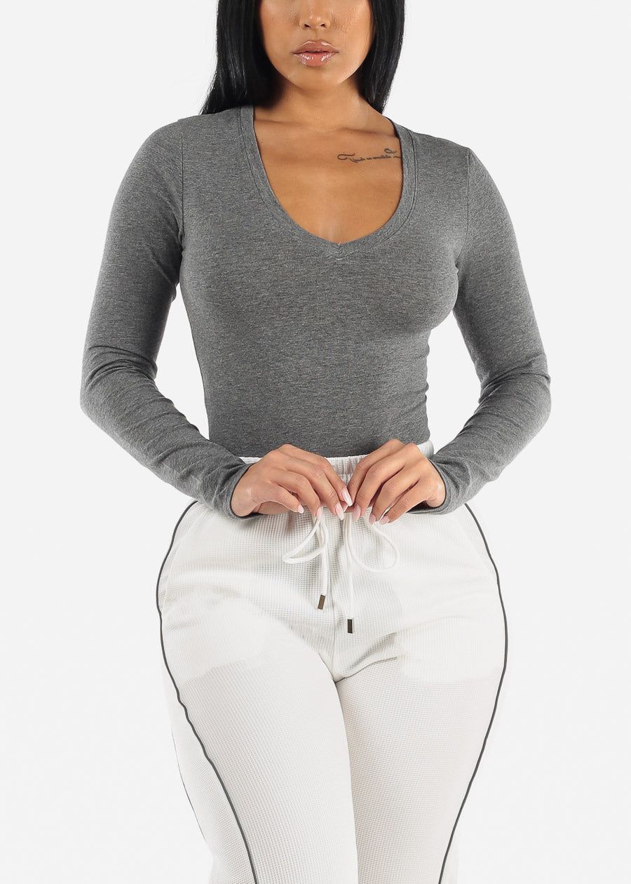 Long Sleeve V Neck Thong Bodysuit Grey sold by Moda