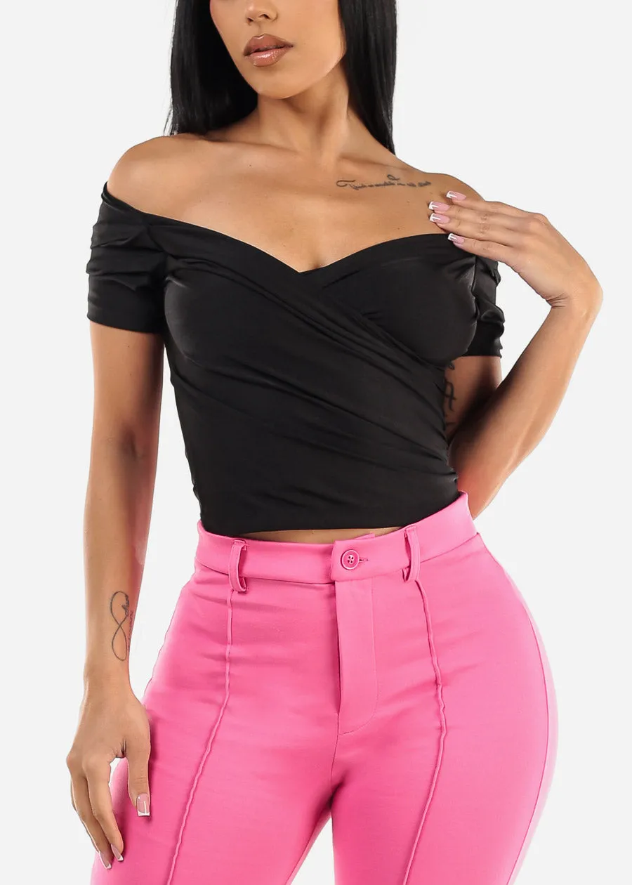 Short Sleeve Black Surplice Crop Top sold by Moda