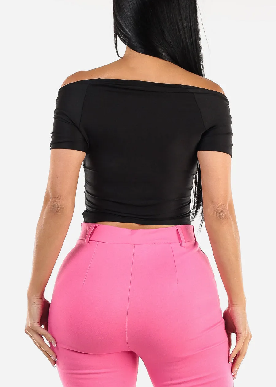 Short Sleeve Black Surplice Crop Top sold by Moda product image thumbnail 4