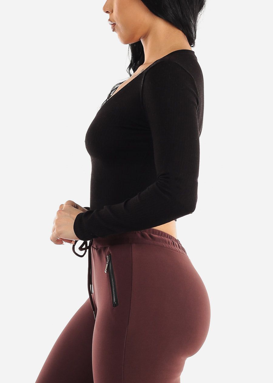 Black Vneck Long Sleeve Ribbed Crop Top sold by Moda product image thumbnail 3