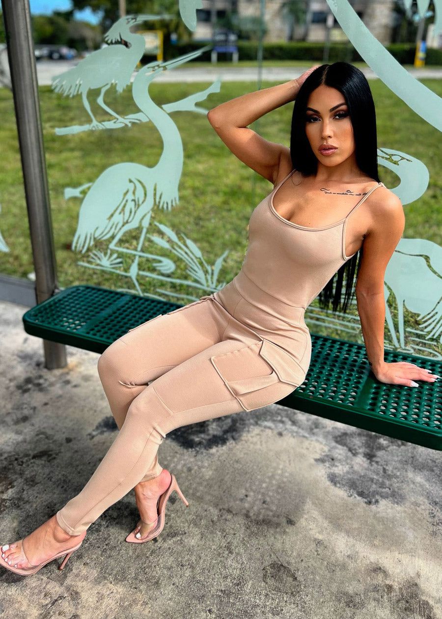 Sleeveless Cargo Skinny Jumpsuit Khaki sold by Moda