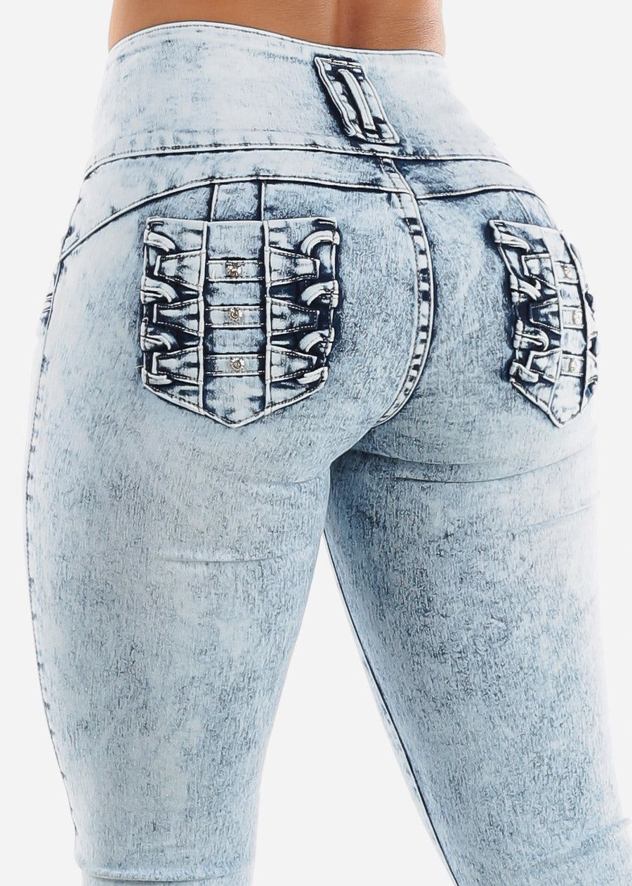 MX JEANS Faded Torn Butt Lifting Skinny Jeans sold by Moda