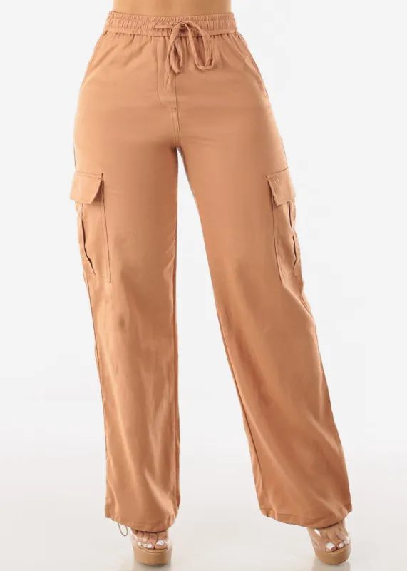 Khaki Linen High Waist Cargo Pants Drawstring Hem sold by Moda