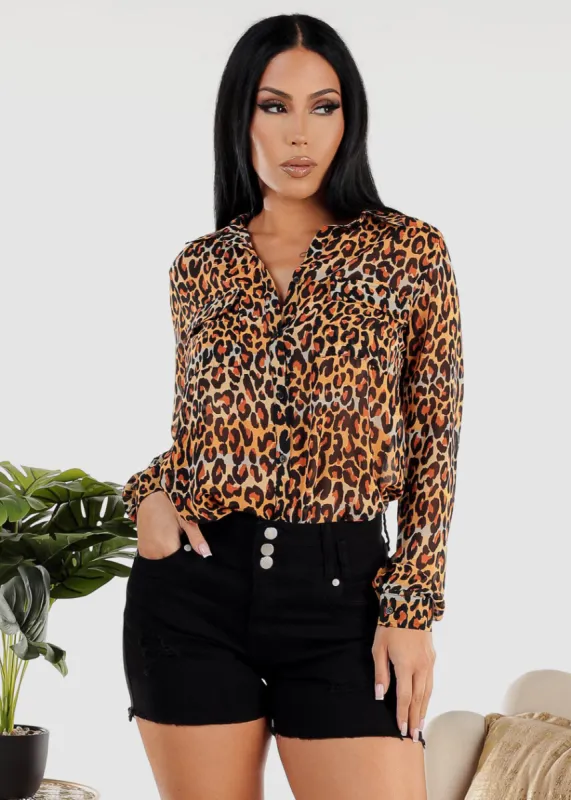 Chiffon Long Sleeve Animal Print Collared Blouse sold by Moda