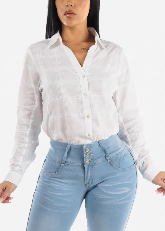White Long Sleeve Button Down Plaid Collared Blouse sold by Moda