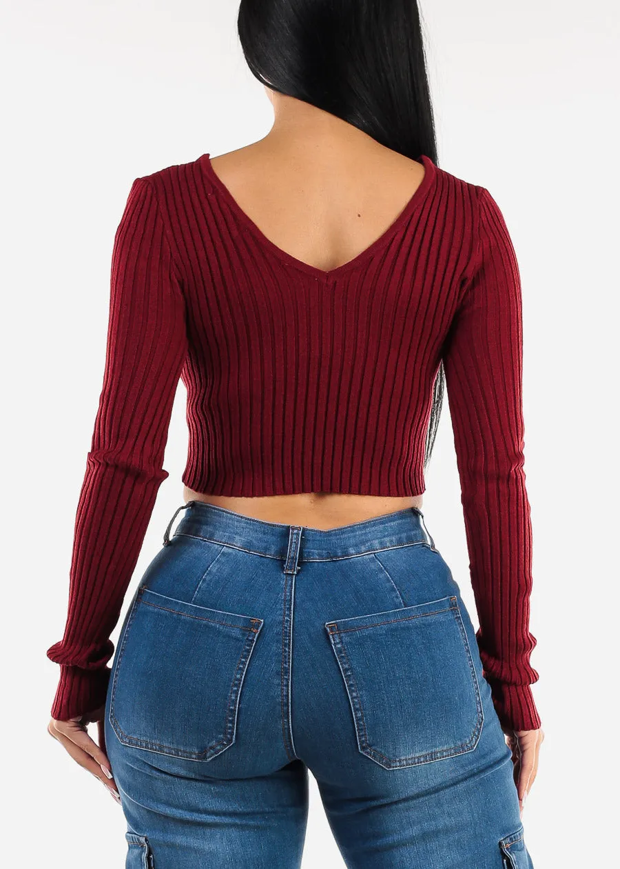 Long Sleeve Vneck Cropped Sweater Wine sold by Moda product image thumbnail 4