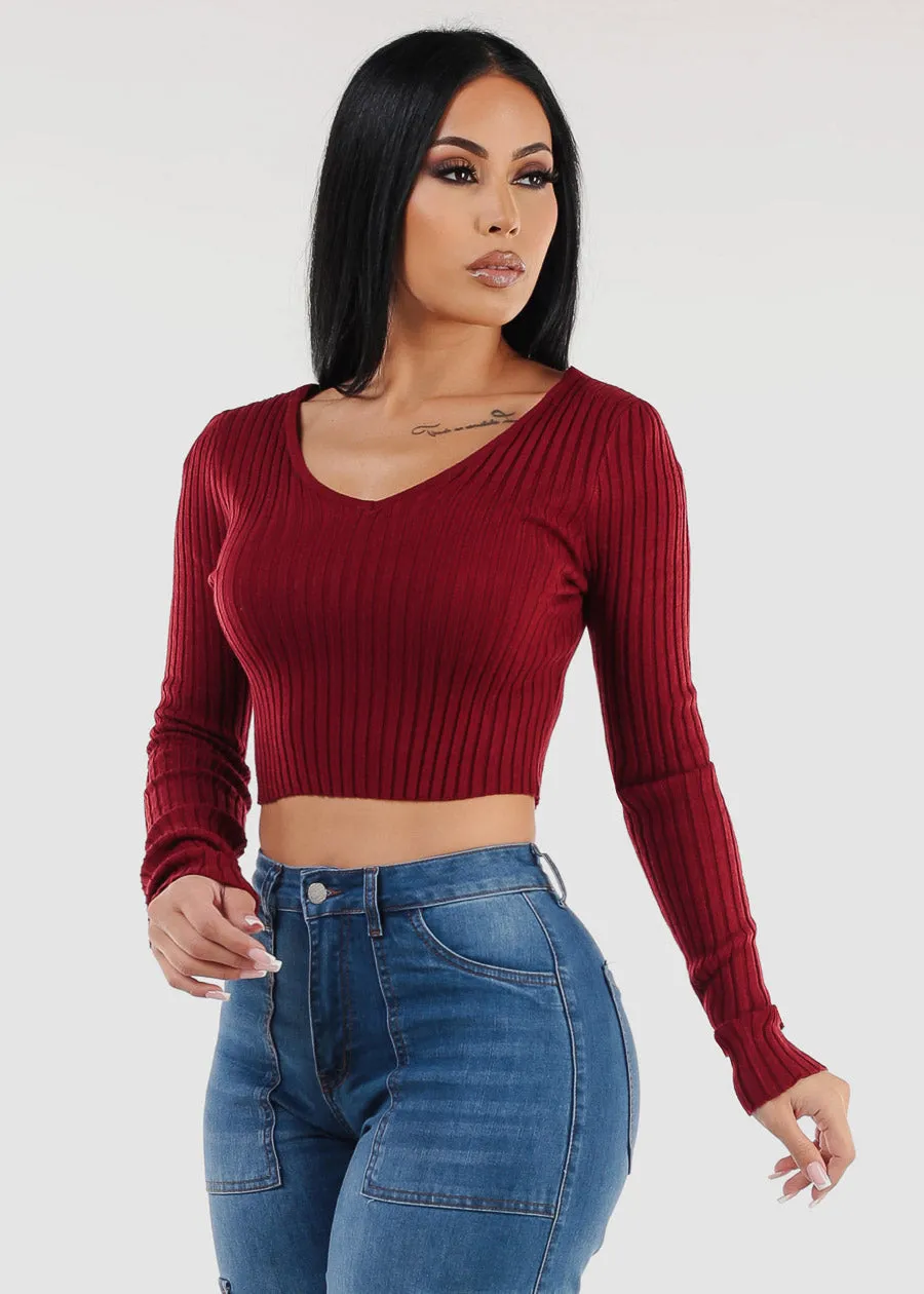 Long Sleeve Vneck Cropped Sweater Wine sold by Moda