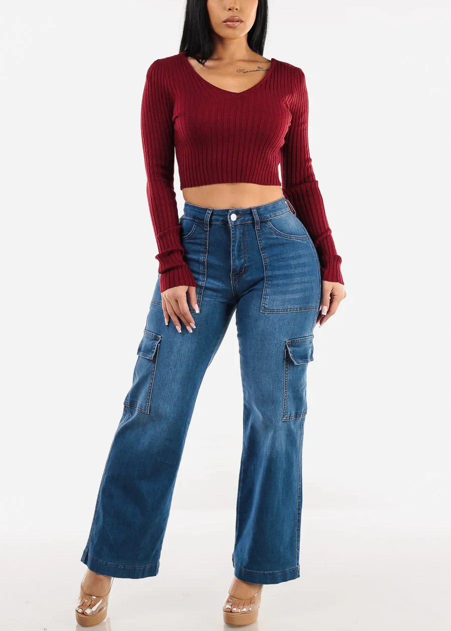 Long Sleeve Vneck Cropped Sweater Wine sold by Moda product image thumbnail 2