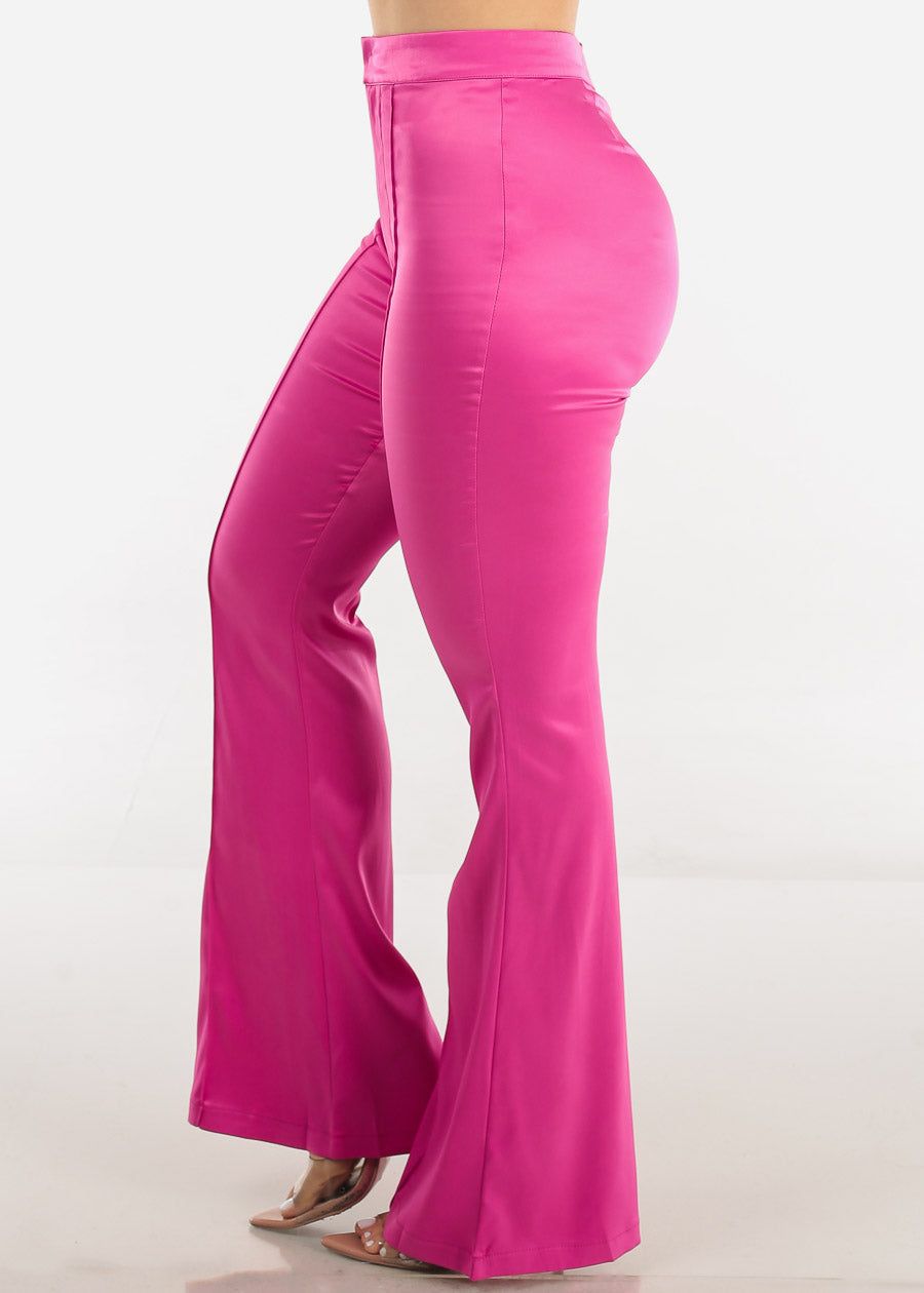 High Waisted Satin Flared Pants Fuchsia sold by Moda