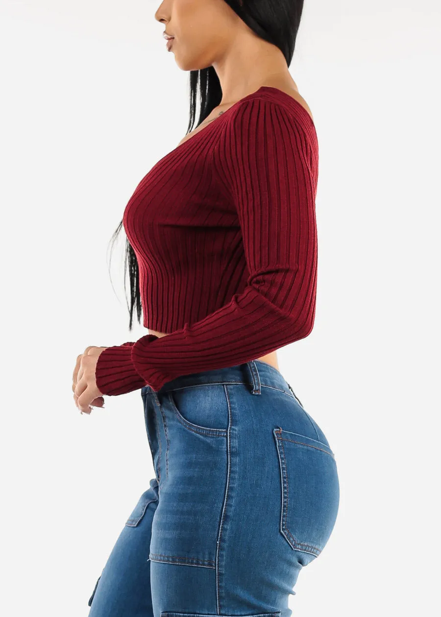 Long Sleeve Vneck Cropped Sweater Wine sold by Moda product image thumbnail 3