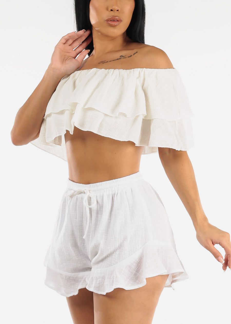 Off Shoulder White Cotton Ruffled Crop Top sold by Moda product image thumbnail 3