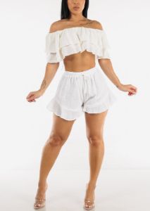 Off Shoulder White Cotton Ruffled Crop Top sold by Moda