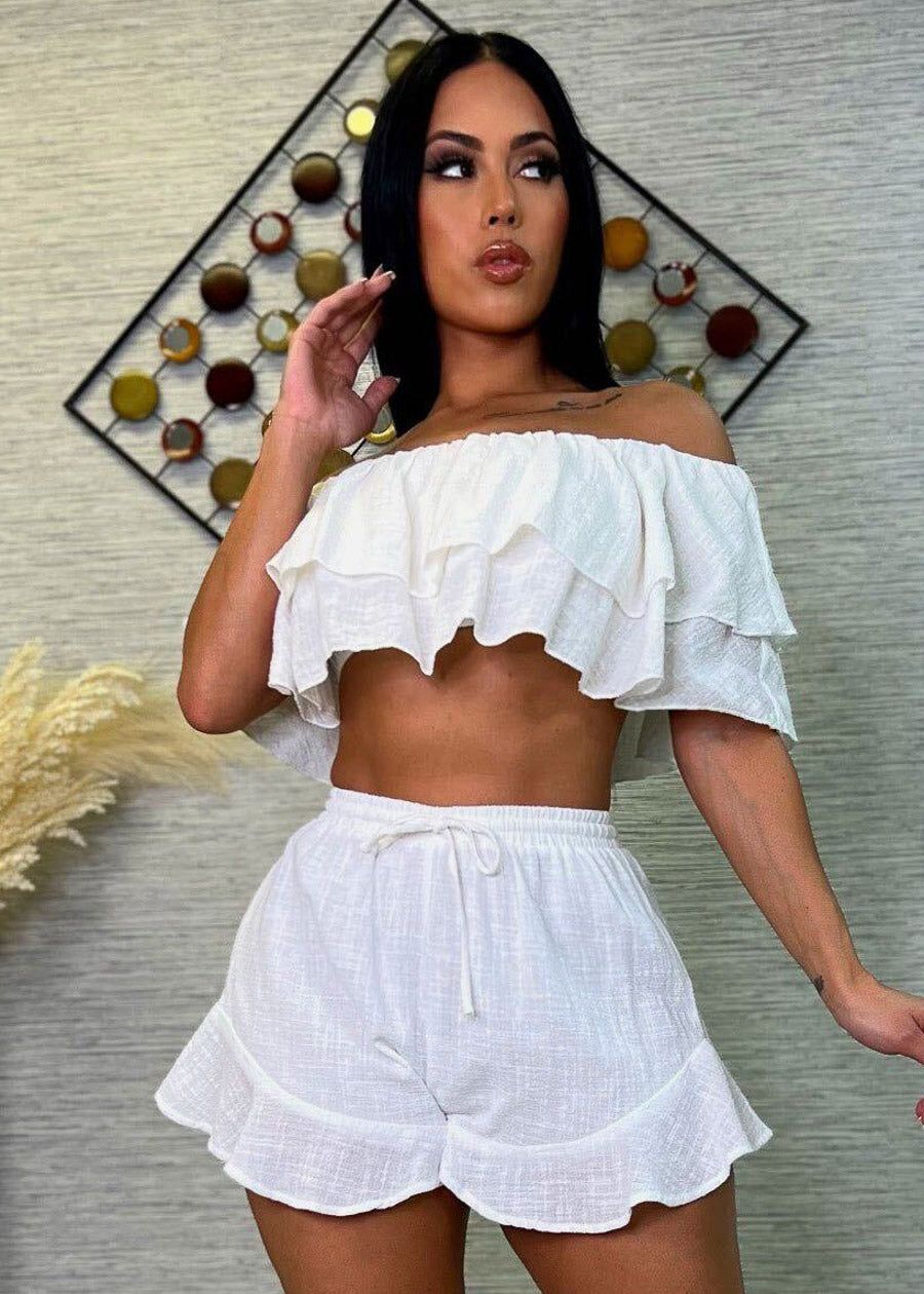 Off Shoulder White Cotton Ruffled Crop Top sold by Moda