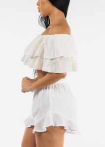 Off Shoulder White Cotton Ruffled Crop Top sold by Moda