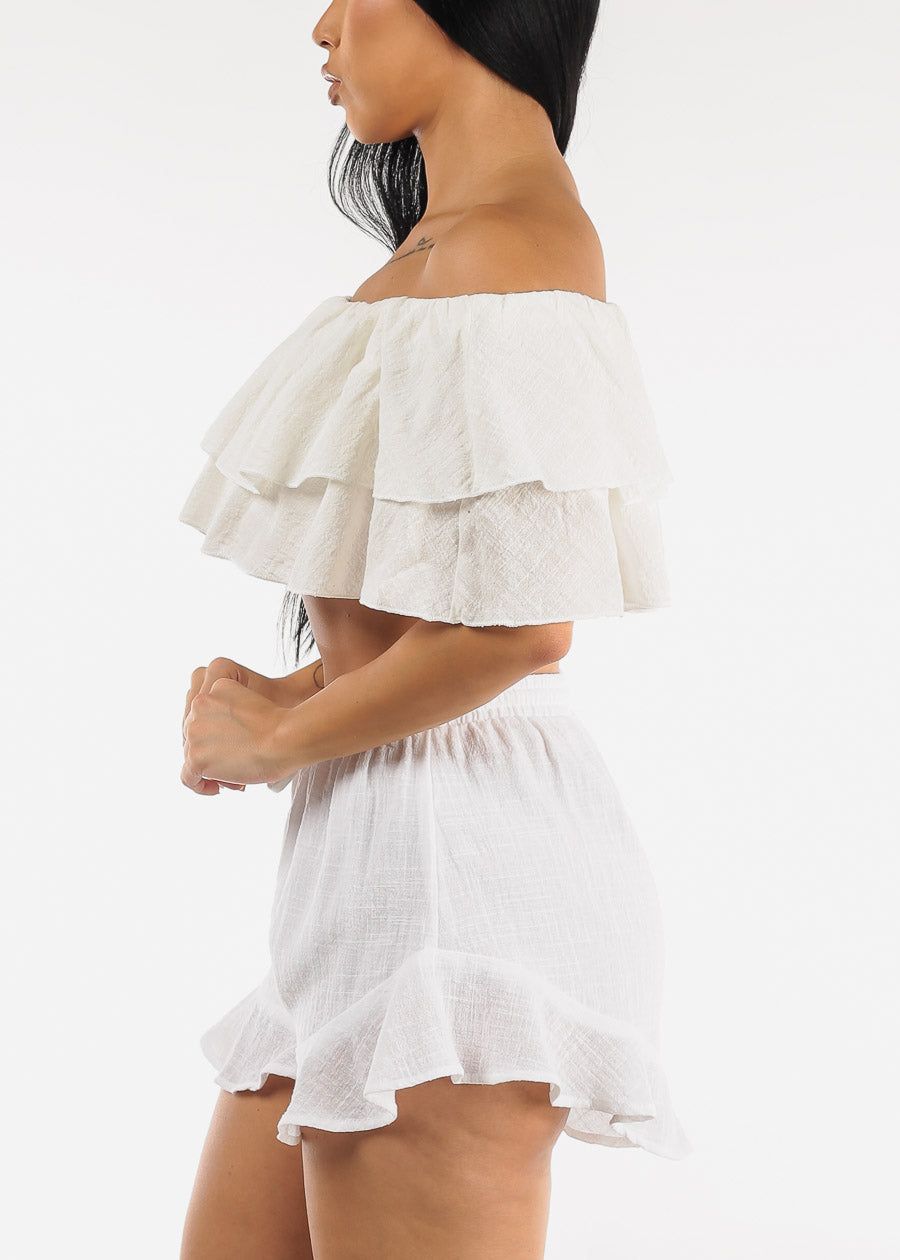 Off Shoulder White Cotton Ruffled Crop Top sold by Moda product image thumbnail 5