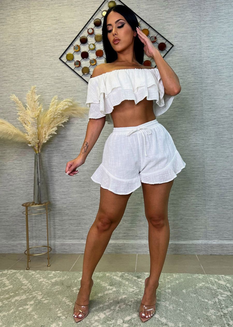 Off Shoulder White Cotton Ruffled Crop Top sold by Moda product image thumbnail 2