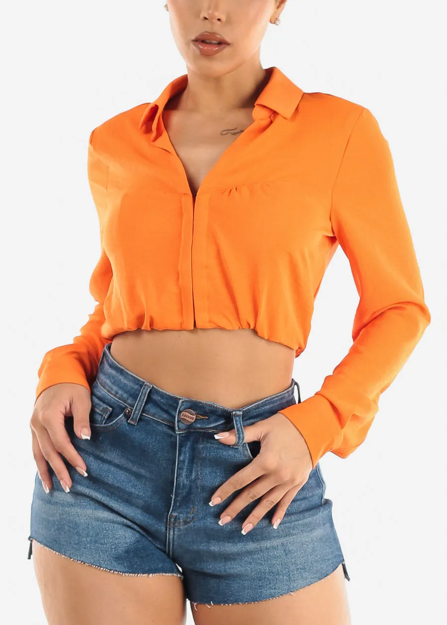 Long Sleeve Hook and Eye Crop Top Neon Orange sold by Moda