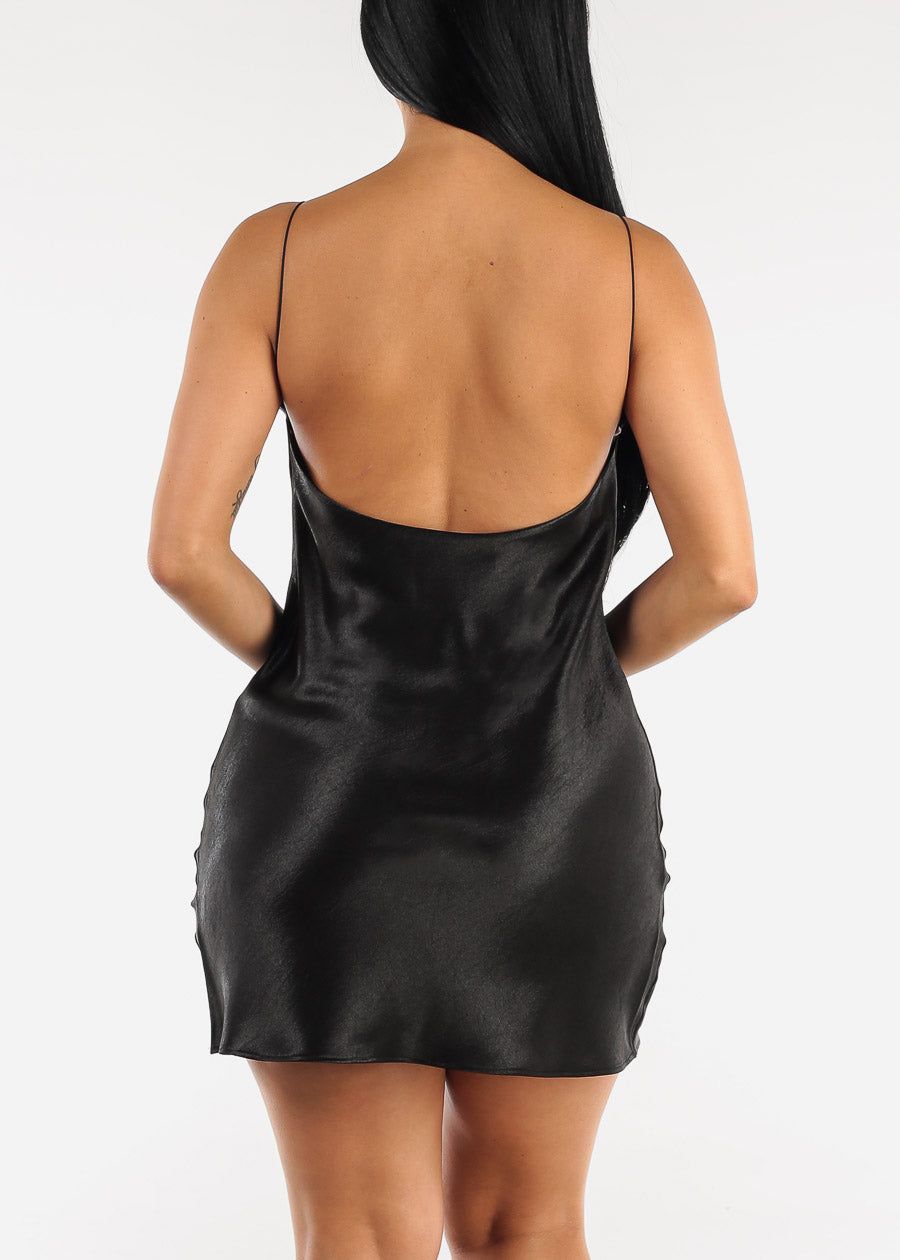 Black Open Back Spaghetti Strap Satin Mini Dress sold by Moda product image thumbnail 4
