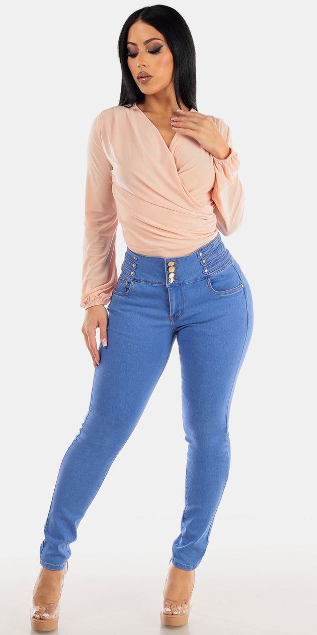 Super High Waisted Levantacola Blue Skinny Jeans with Blush Surplice Long Sleeve Dressy Blouse sold by Moda