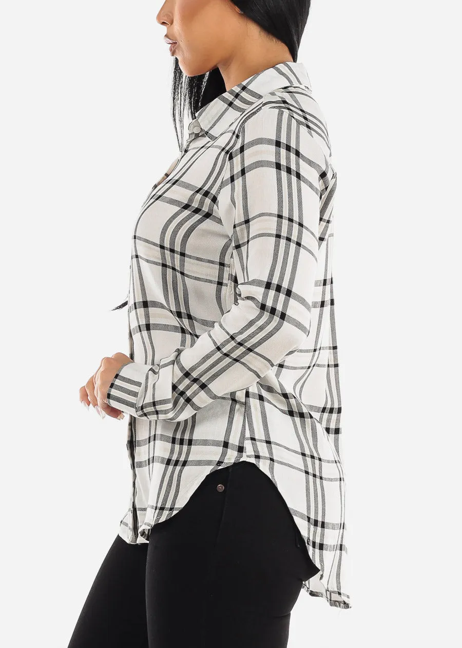 Long Sleeve Button Up Plaid Rayon Shirt White sold by Moda product image thumbnail 3