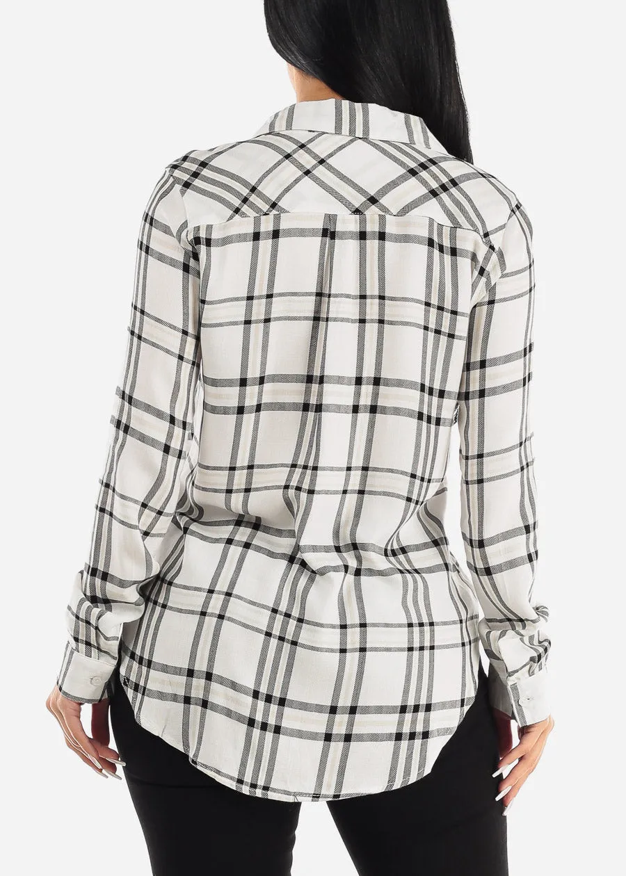 Long Sleeve Button Up Plaid Rayon Shirt White sold by Moda product image thumbnail 4