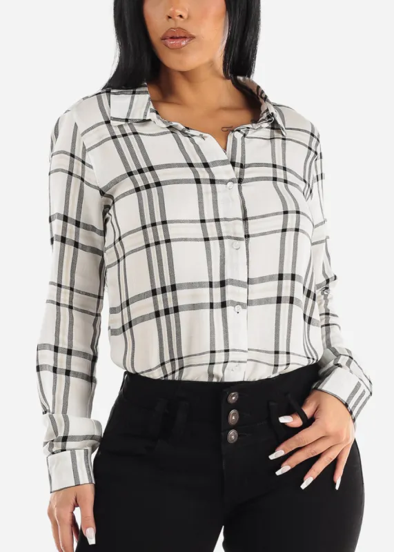 Long Sleeve Button Up Plaid Rayon Shirt White sold by Moda