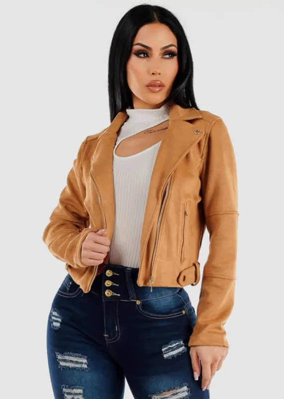 Long Sleeve Zip Up Suede Moto Jacket Khaki sold by Moda