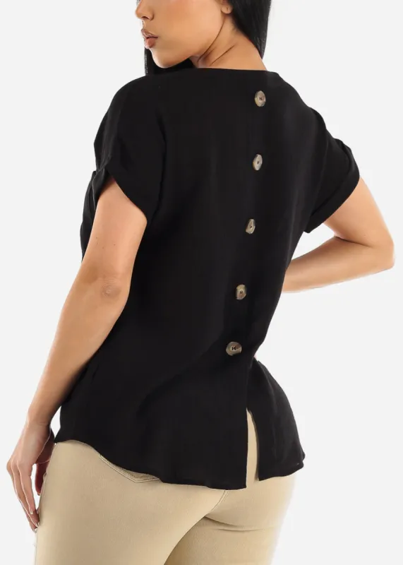 Gauze Cap Sleeve Black Shirt w Back Buttons sold by Moda