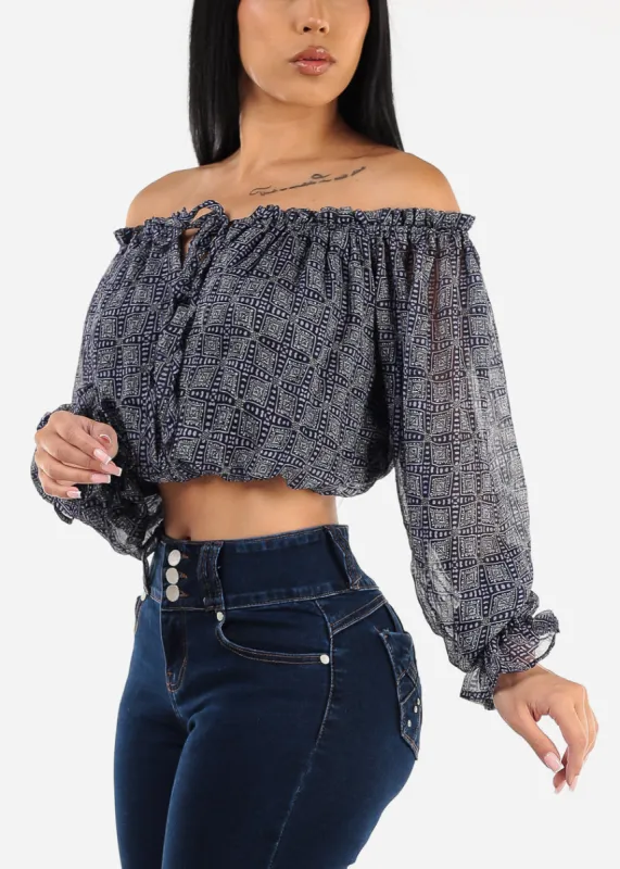 Off Shoulder Long Sleeve Printed Crop Top Navy sold by Moda