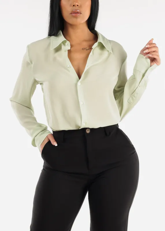 Chiffon Long Sleeve Collared Blouse Light Sage sold by Moda